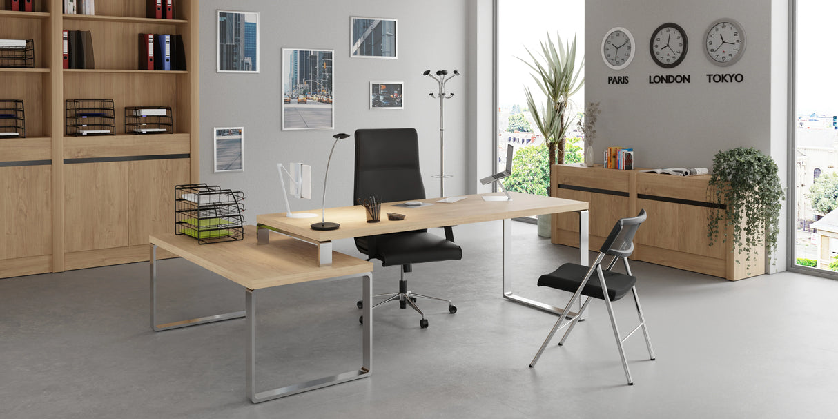 Black mesh folding chair with chrome frame in modern office setting