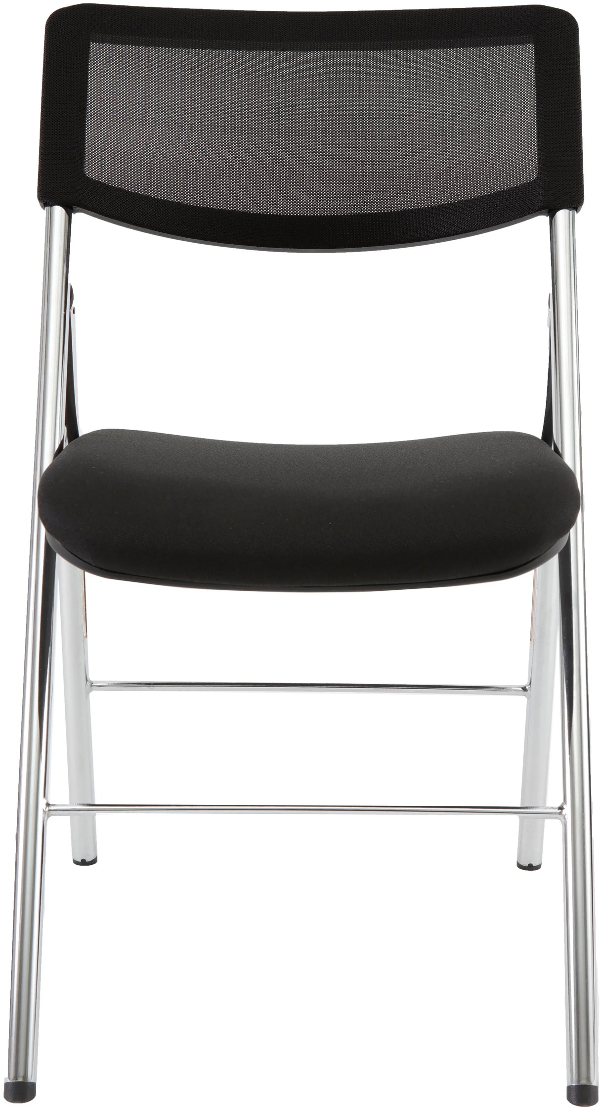 Black mesh folding chair with chrome legs and cushioned seat, front view