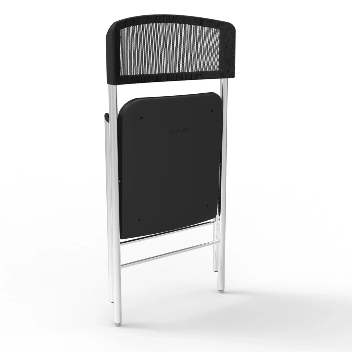 Black mesh folding chair with chrome legs, shown folded on a white background.