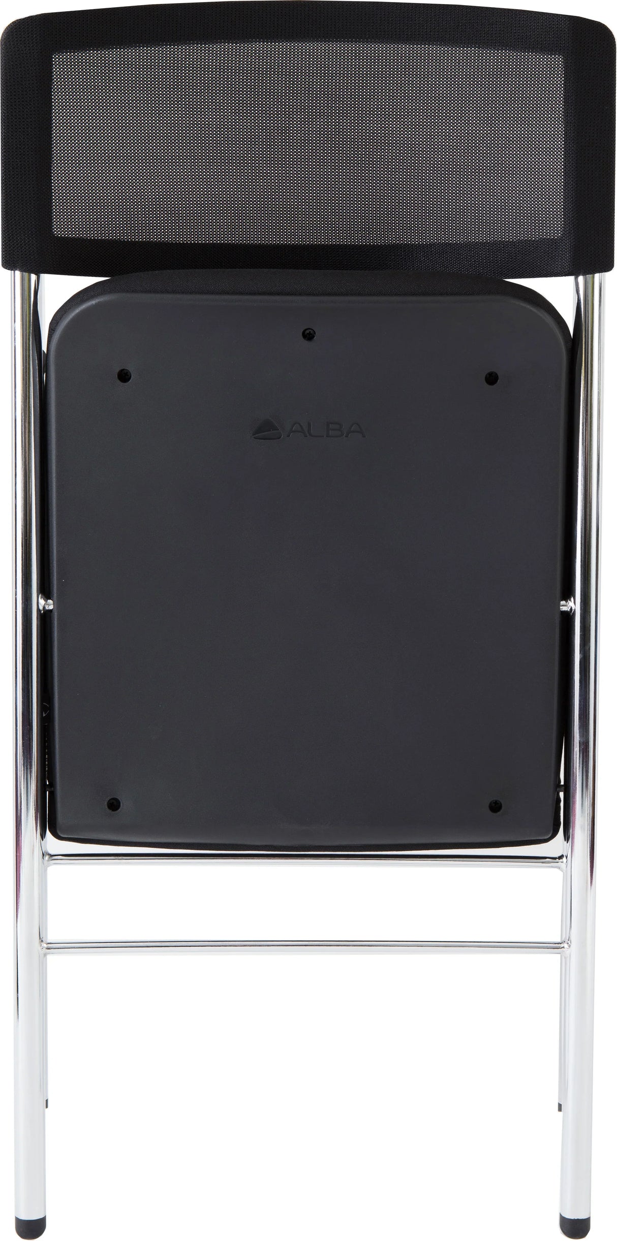 Black folding chair with mesh backrest and chrome legs, viewed from the back.