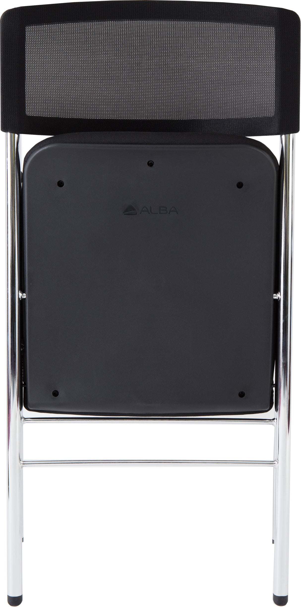 Black folding chair with mesh backrest and chrome legs, viewed from the back.