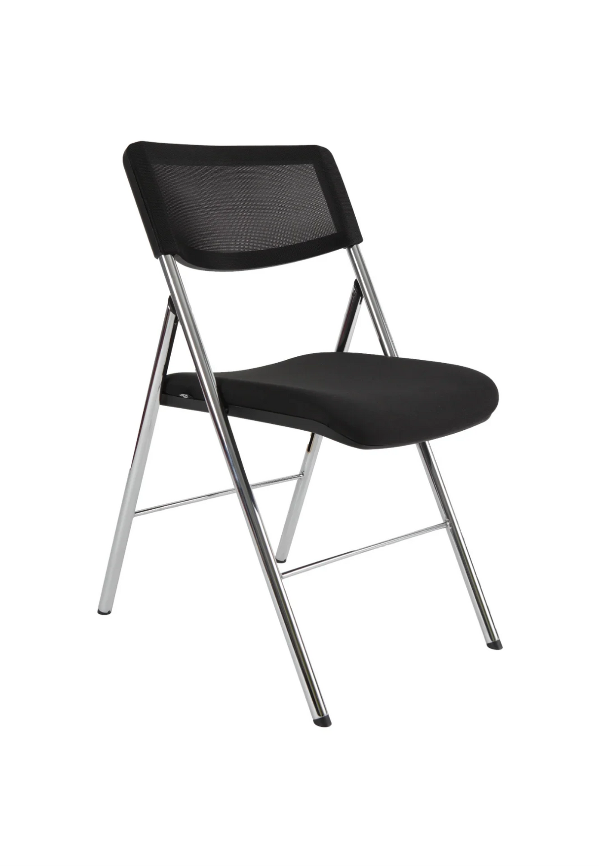 Black mesh folding chair with chrome legs, modern office or classroom seating