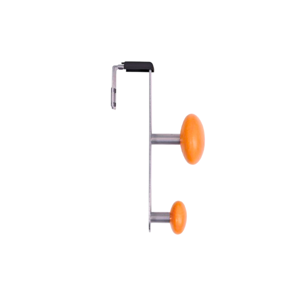 Double door-mounted coat hook with orange pegs and silver metal frame for hanging coats