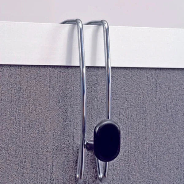 Alba double-sided chrome partition coat hook hanging on a grey office panel