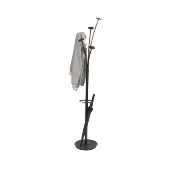 Black freestanding coat stand with five pegs, holding a gray jacket and umbrella