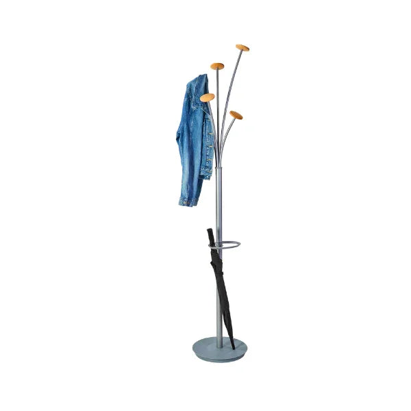 Freestanding coat stand with 5 pegs, holding a denim jacket and umbrella, on white background