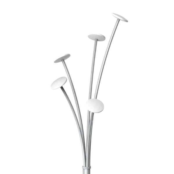 Modern white metal coat stand with four angled hooks, minimalist design