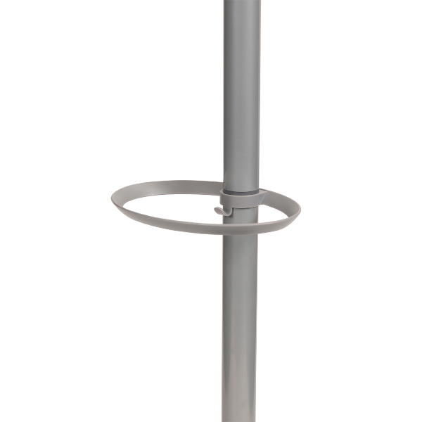 Modern silver metal coat stand with built-in umbrella holder, office or home furniture.