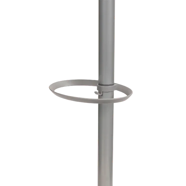 Modern silver metal coat stand with built-in umbrella holder, office or home furniture.