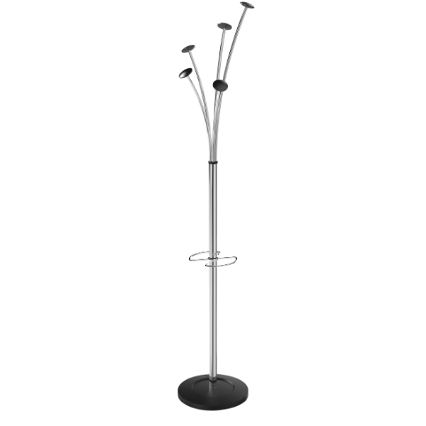 Modern metal coat stand with black wooden pegs and umbrella holder on a round base