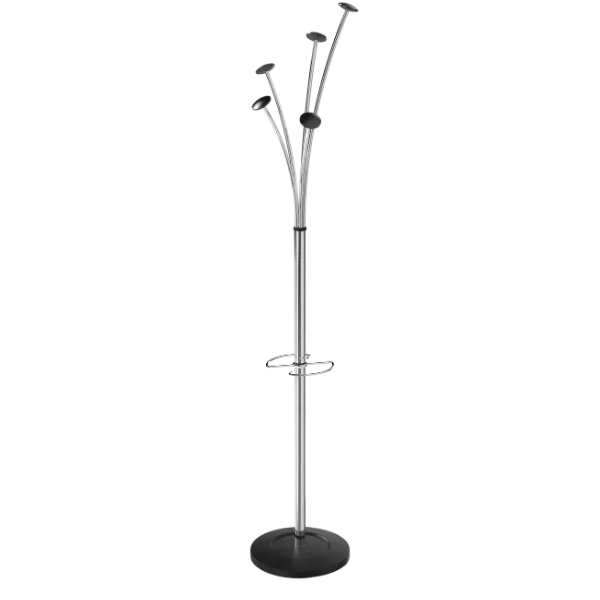 Modern metal coat stand with black wooden pegs and umbrella holder on a round base