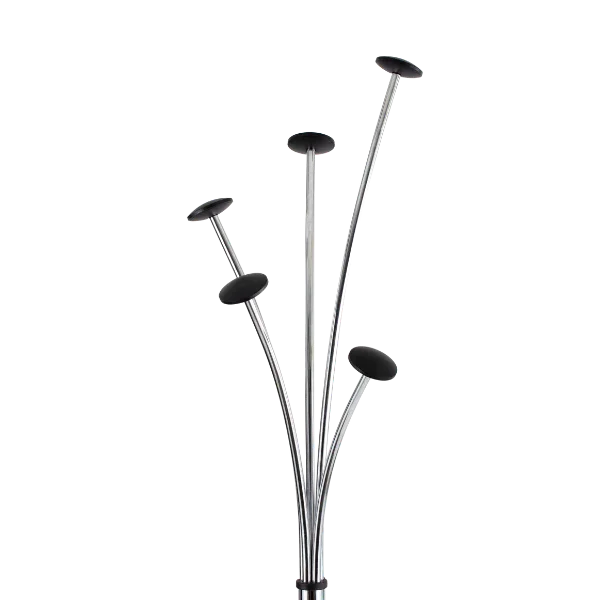 Modern coat stand with five curved silver rods and black wooden pegs on white background
