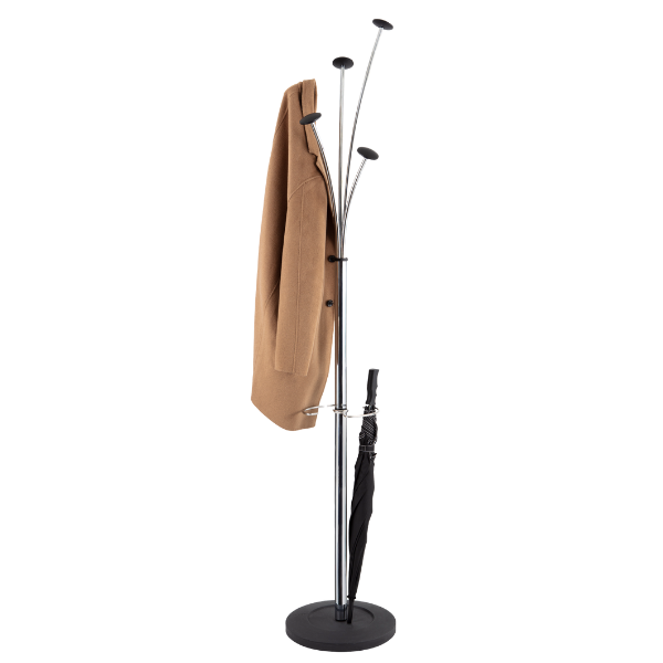Modern coat stand with chrome finish, wooden pegs, holding a tan coat and black umbrella