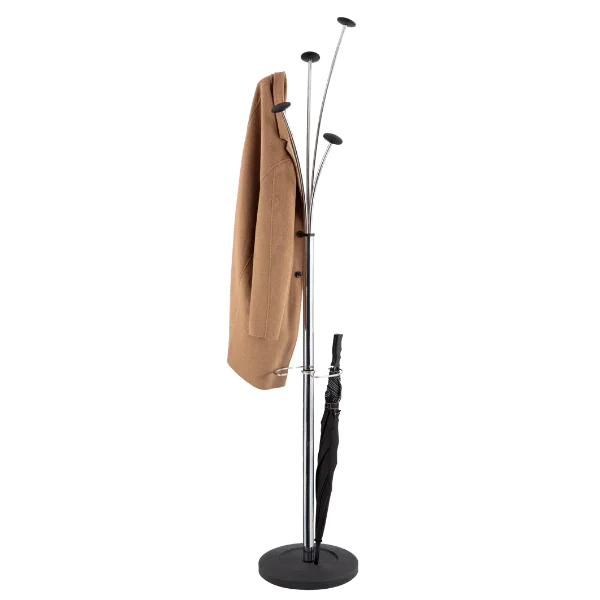 Modern coat stand with chrome finish, wooden pegs, holding a tan coat and black umbrella