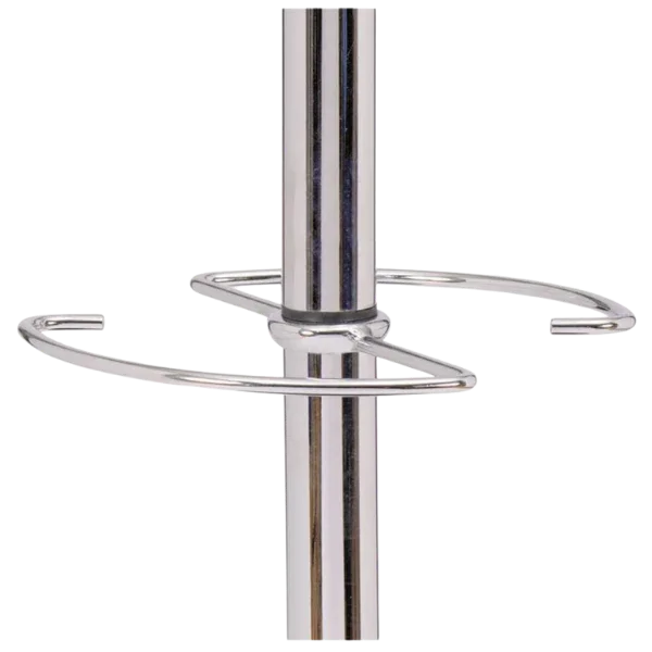 Close-up of modern chrome coat stand pole with circular metal rings.