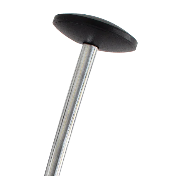 Close-up of a modern coat stand top with black round cap and metal pole
