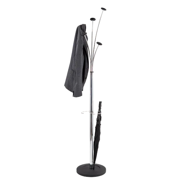 Modern coat stand with metal frame, wooden pegs, holding a jacket and umbrella