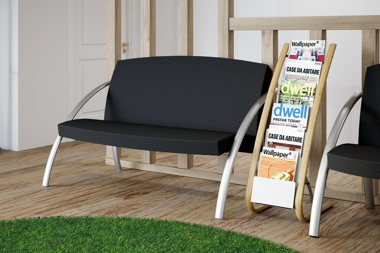 Modern six-compartment A4 black and grey floor magazine display stand in office waiting area