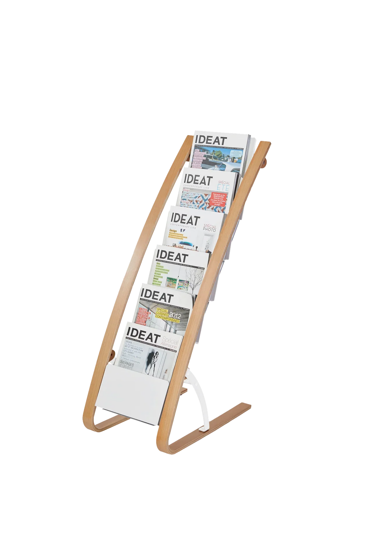 Modern floor display rack with six compartments holding A4 magazines, black, silver, and grey