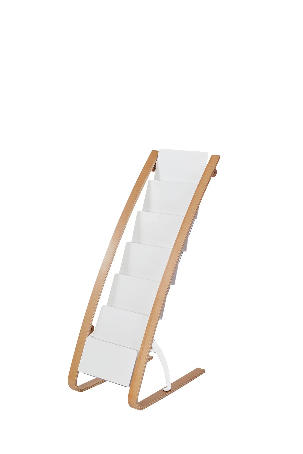 Modern wooden floor magazine rack with six white compartments, angled design, on white background.