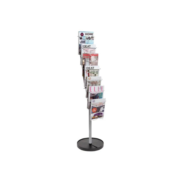 Floor standing literature display rack with seven clear compartments holding magazines