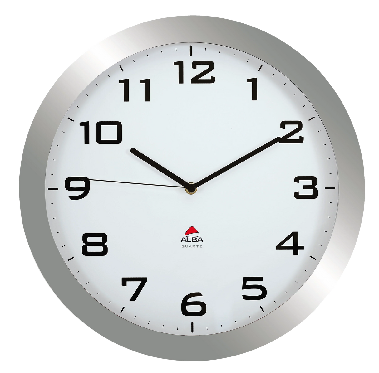 Alba Quartz wall clock with silver frame, white face, and bold black numbers for office or home use