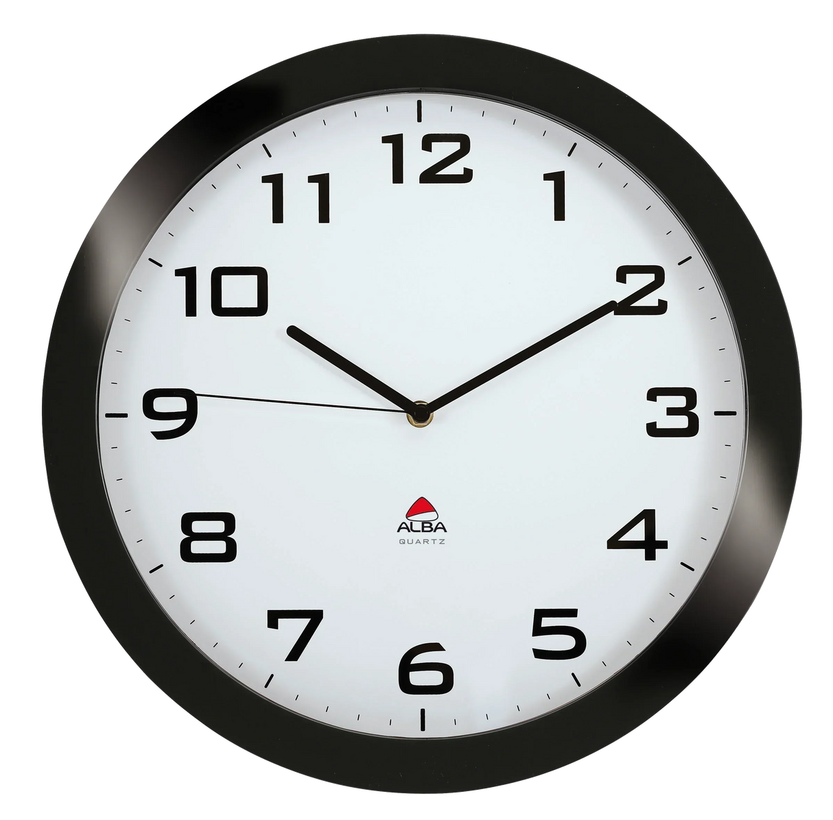 Black-framed wall clock with white face and bold black numbers, ideal for office or school time management.