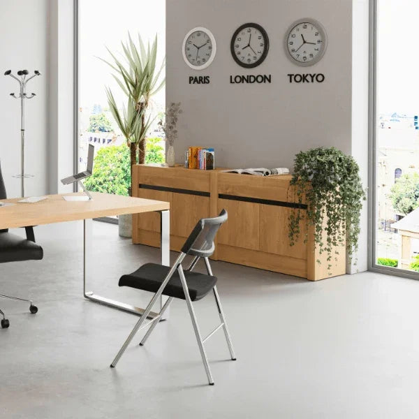 Three Alba silent office wall clocks for Paris, London, and Tokyo in a modern workspace.