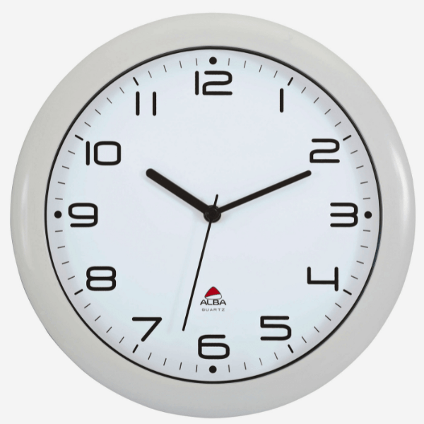 White Alba Quartz wall clock with bold black numbers and hands, ideal for office or school time management.