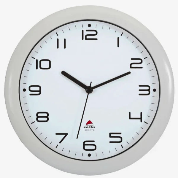Alba silent office wall clock with a white face, black numbers, and a white frame.