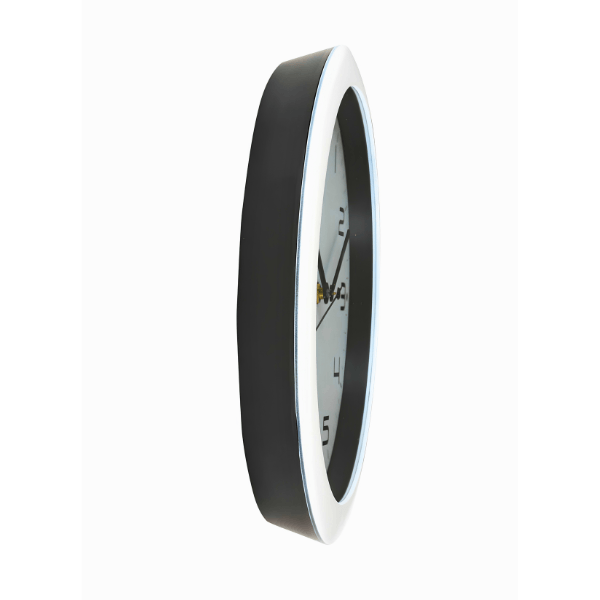 Modern black and white wall clock with minimalist design for office or home workspace