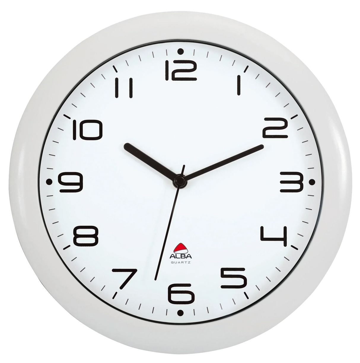 White Alba Quartz wall clock with bold black numbers and hands, ideal for office or school time management.