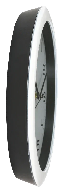 Modern black and white wall clock with minimalist design for office or home workspace