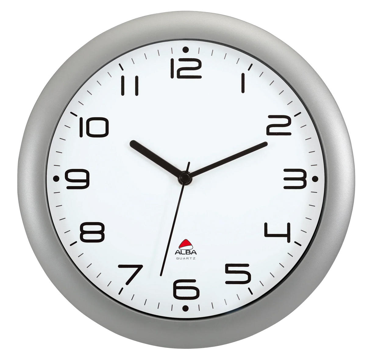 Silver-framed wall clock with white face, black numbers, and ALBA Quartz logo for office or school use.