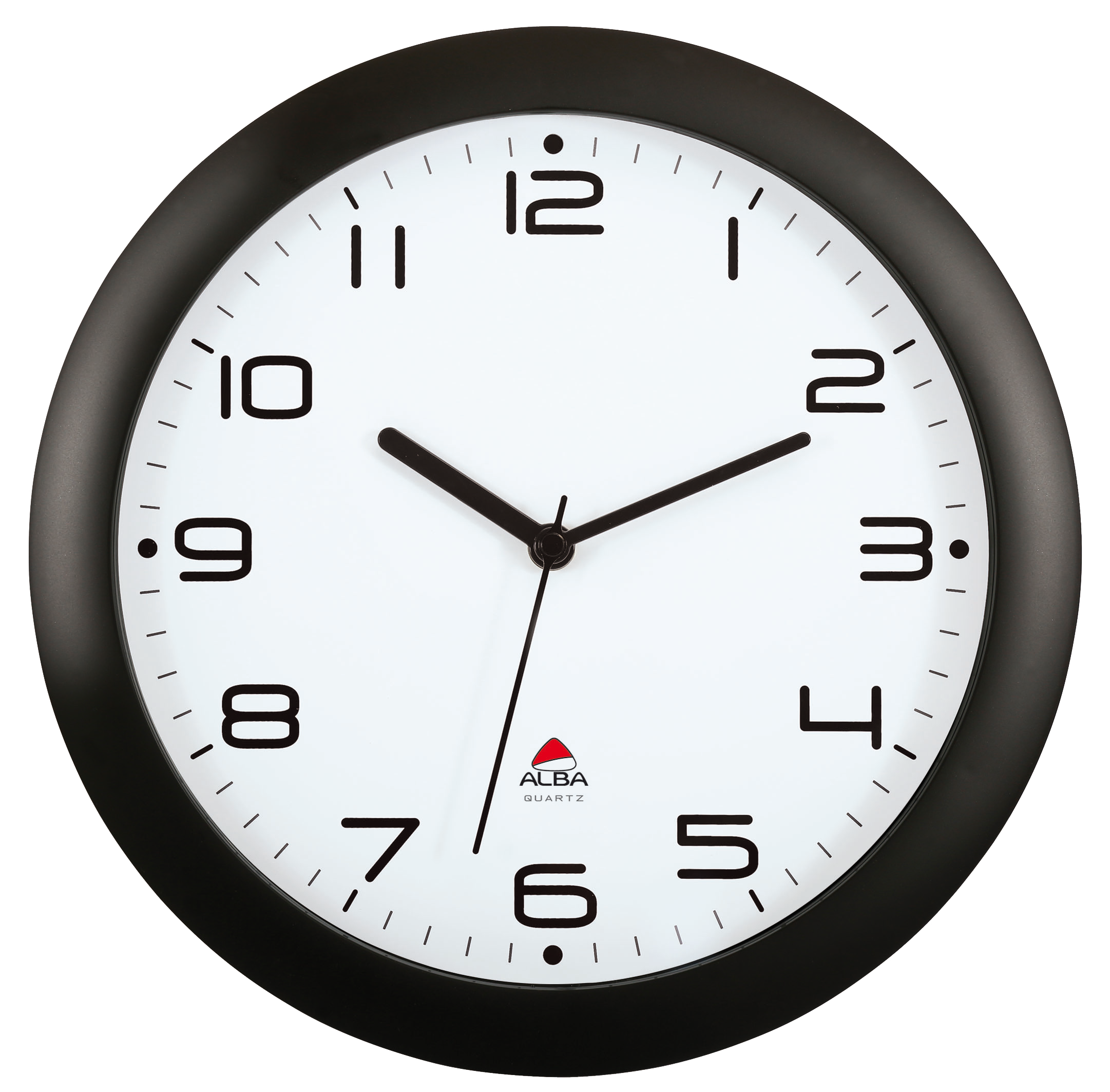 30cm round black silent wall clock with white face and large black numbers