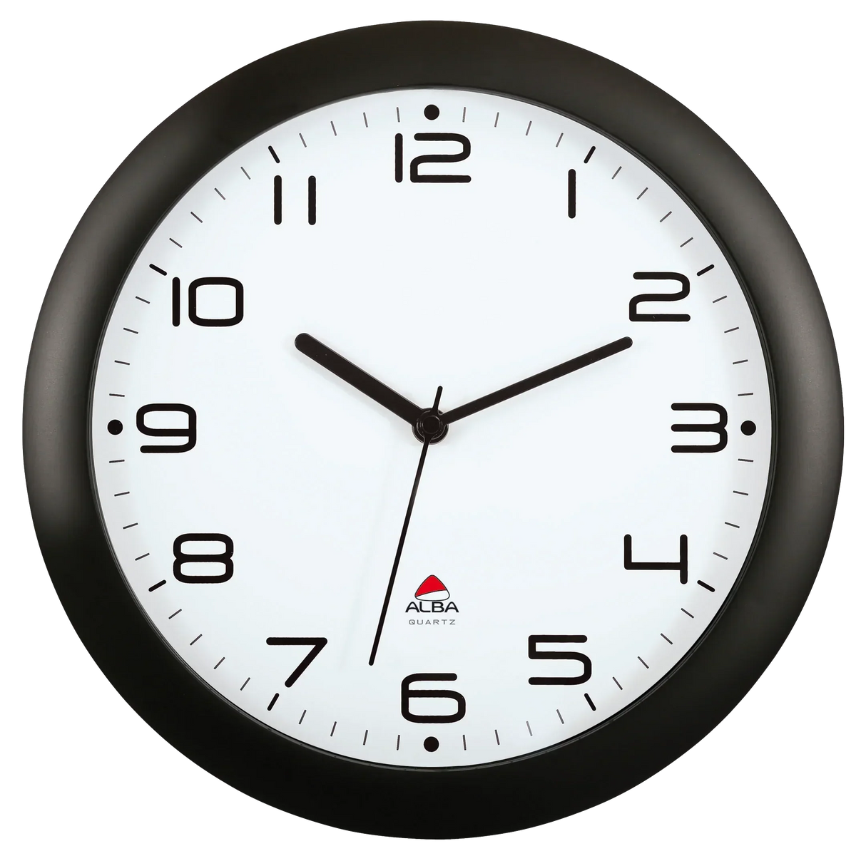 Black-framed wall clock with white face and bold numbers, featuring ALBA Quartz branding for office or home use.
