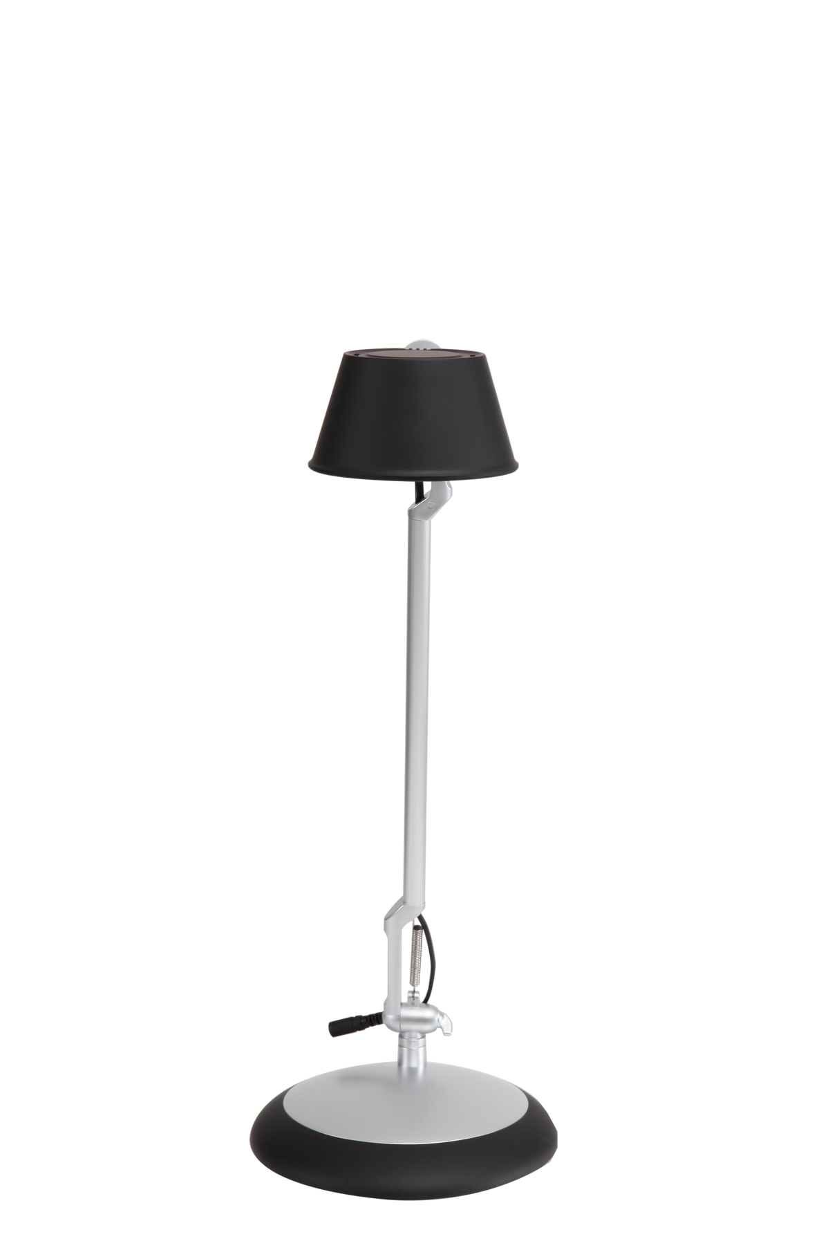 Modern black LED desk lamp with adjustable arm and circular base