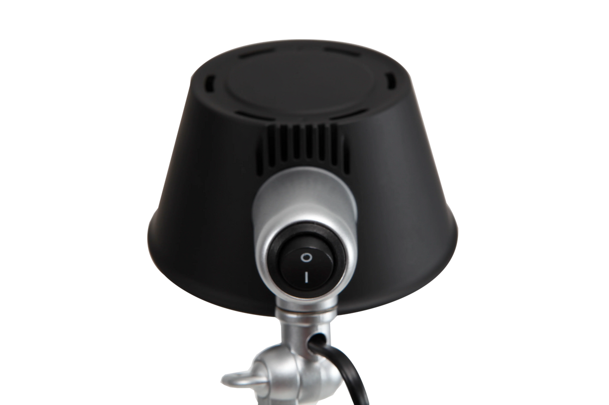 Close-up of black LED desk lamp base with power switch and cord, modern office lighting