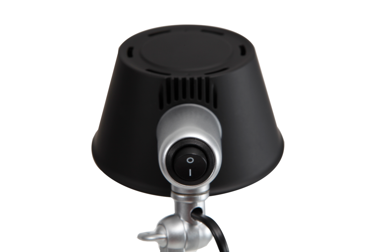 Close-up of black LED desk lamp base with power switch and cord, modern office lighting
