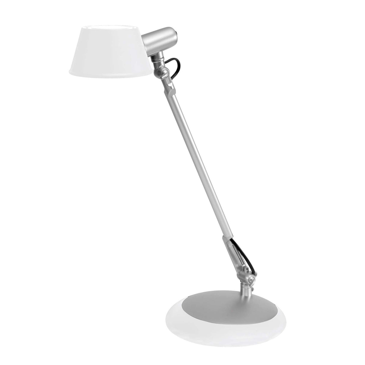 White LED desk lamp with adjustable metal arm and round base, ideal for modern office workspace