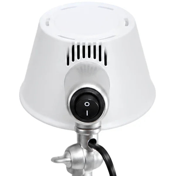 Close-up of the Alba white LED desk lamp head with a power switch and articulated joint.