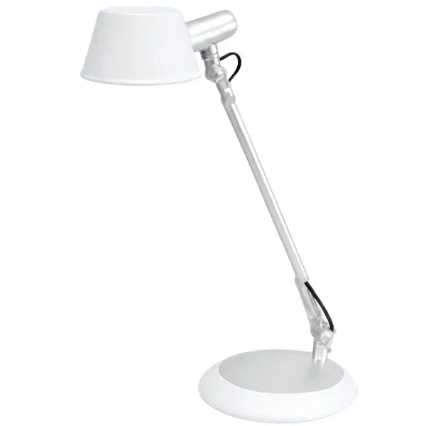 Alba white LED desk lamp with an adjustable articulated arm and round base