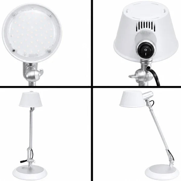 Alba White LED Desk Lamp showing the LED panel, power switch, and adjustable articulated arm.