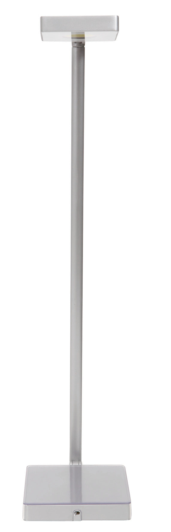Modern silver LED desk lamp with square base and adjustable arm, minimalist design