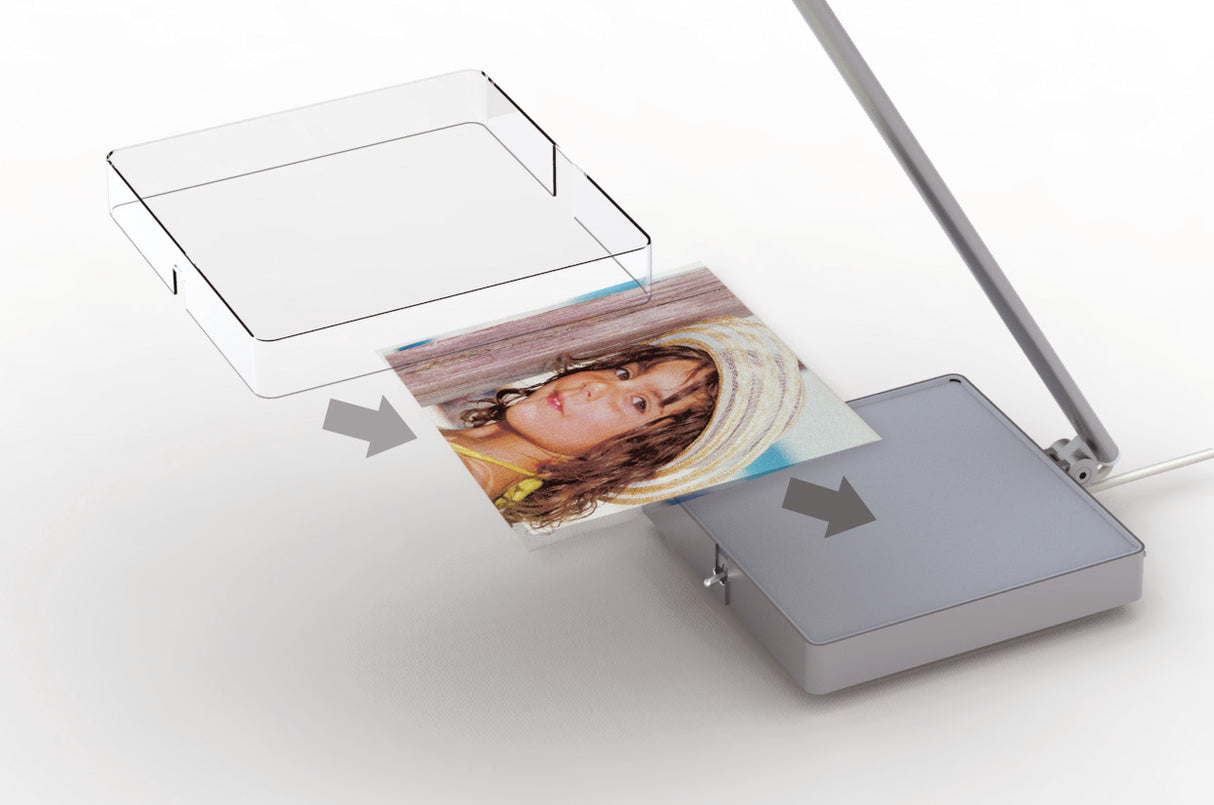 Modern LED desk lamp with a customizable photo base on white background