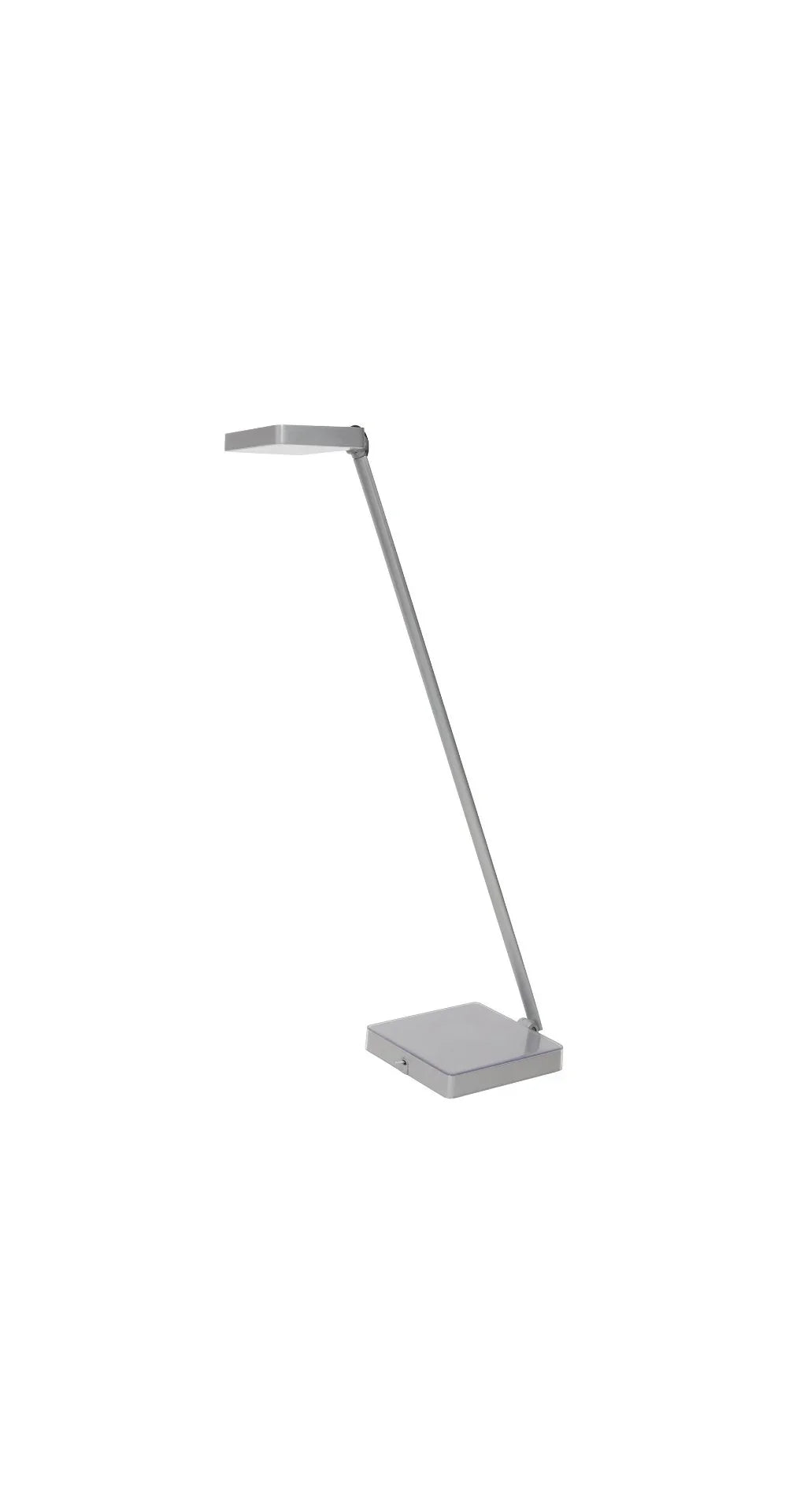 Modern silver LED desk lamp with slim adjustable arm on a square base, isolated on white