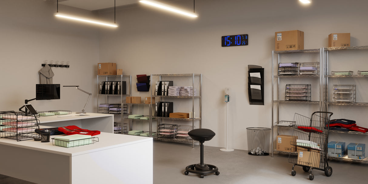 Modern office supply room with metal shelves, letter trays, storage boxes, and organization solutions