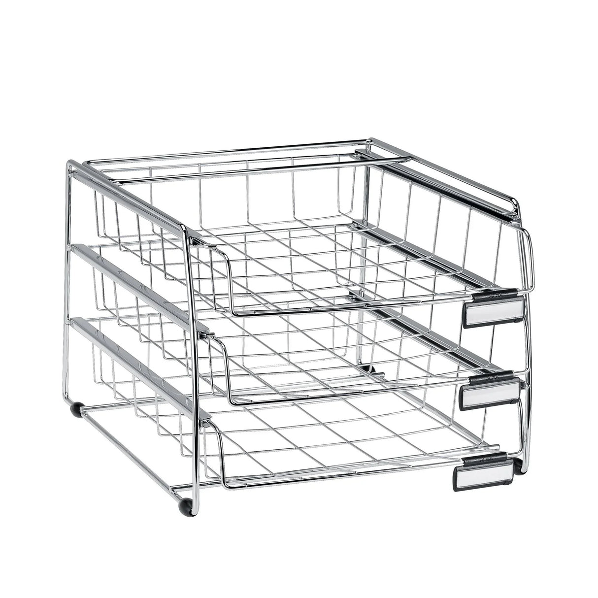 Three-tier chromed metal letter tray organizer with wire mesh drawers for office desk