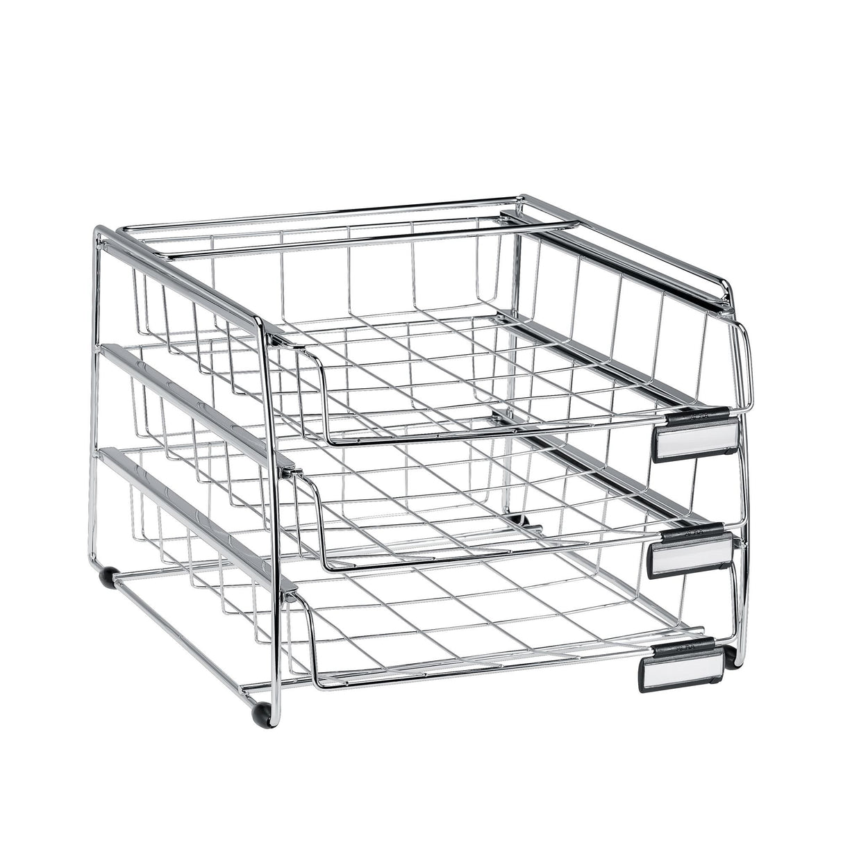 Three-tier chromed metal letter tray organizer with wire mesh drawers for office desk