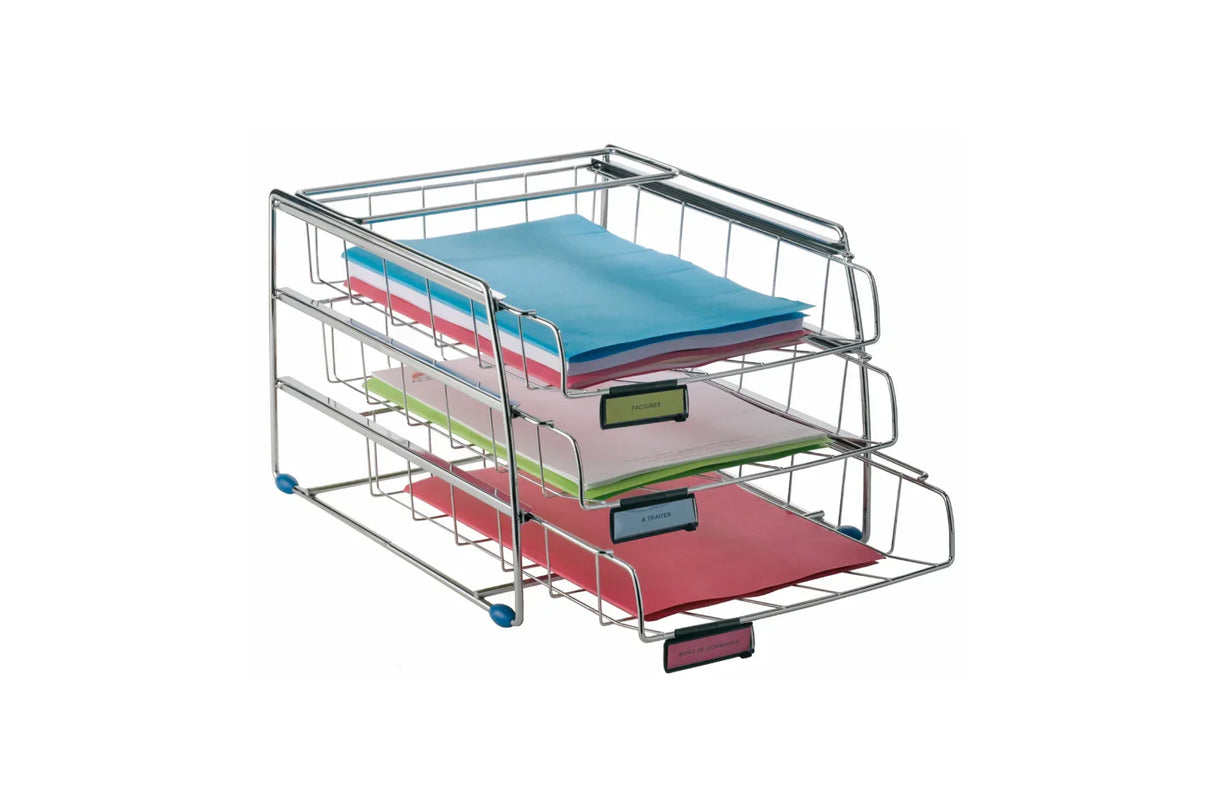 Three-tier chrome metal letter tray organizer holding colorful office paper